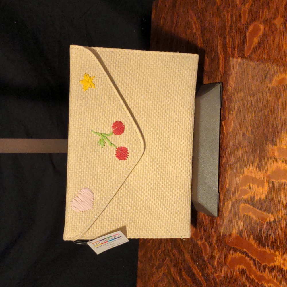 NWT! Colorplay Beige Straw RaffiaEnvelope Clutch Cherries Heart Star Cherry Girl